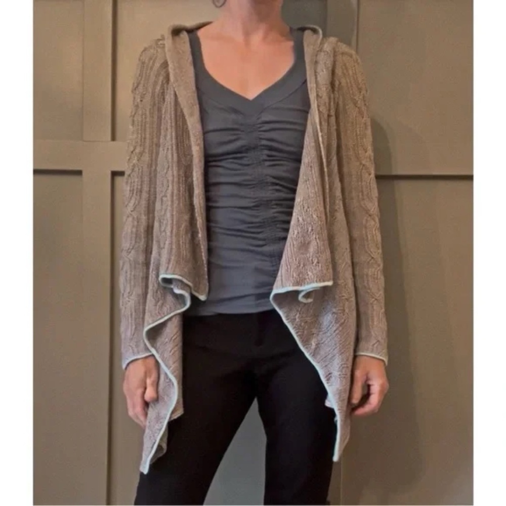 Sundance Linen Blend Open Front Cardigan Sweater Cable Knit Tan Teal Size Small